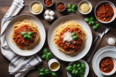 Spaghetti bolognese with basil and mozzarella on wooden backgroundの素材