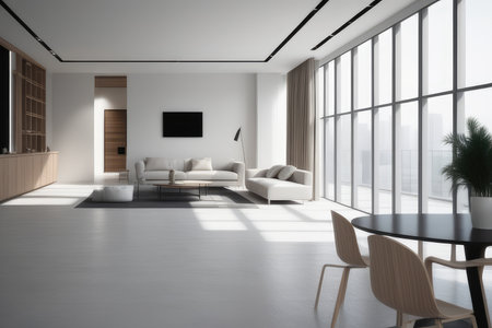 White living room interior with white walls, a concrete floor, a wooden coffee table and a sofa. 3d rendering mock upの素材