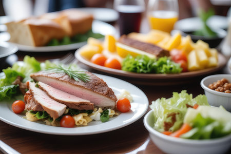 Sliced roast duck on a white plate with salad and vegetablesの素材