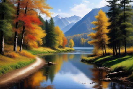 Colorful autumn landscape with lake and forest in the mountains. Digital paintingの素材