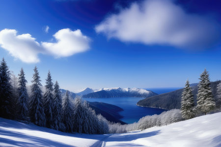 Beautiful winter landscape with lake and forest. Panoramic viewの素材