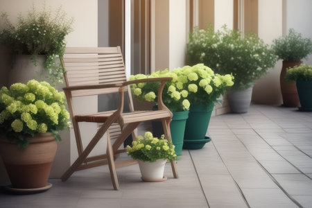 Wooden chair and flowerpot on the terrace. 3d renderingの素材