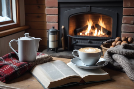 Cup of coffee, book and book in front of the fireplace.の素材