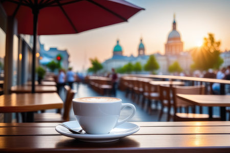 Coffee cup on the wooden table in cafe with blurred backgroundの素材
