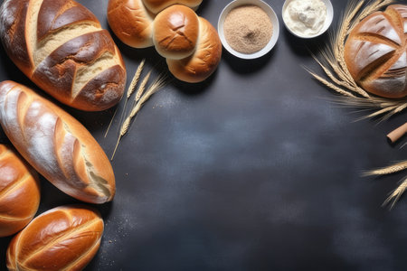 Assortment of baked bread on dark background. Top view with copy spaceの素材