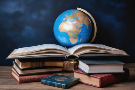 Globe and books on wooden table. Education concept. Back to school.の素材