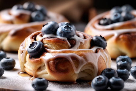 Cinnamon rolls with blueberries on a wooden board. Selective focus.の素材