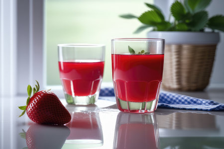 strawberry juice in a glass on the table with fresh strawberriesの素材