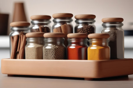 Glass jars with different spices on table, closeup. Food storageの素材