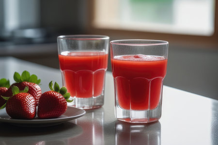 strawberry juice in glass and fresh strawberries on table in kitchenの素材