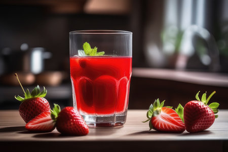 Strawberry juice in a glass on a wooden table in the kitchenの素材