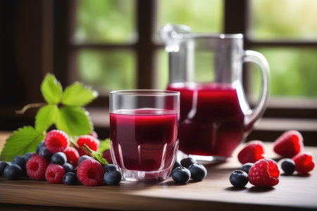 Glass of berry juice with fresh berries on the table in front of windowの素材
