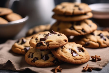 Delicious chocolate cookies on table, closeup. Chocolate chip cookiesの素材