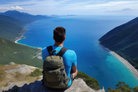 Man with a backpack on top of a mountain looking at the seaの素材