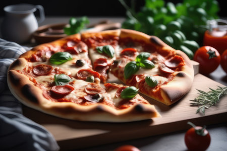 Wooden board with tasty pizza and ingredients on table, closeupの素材