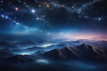 Fantastic night landscape with mountains and stars. 3d rendering