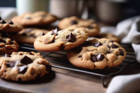 Chocolate chip cookies on a wooden board. Selective focus.の素材