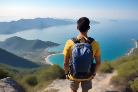 Back view of a young man with a backpack standing on top of a mountain and looking at the seaの素材