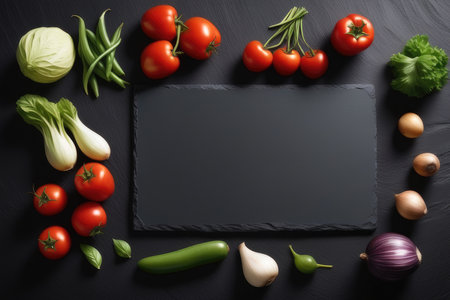 Fresh vegetables on a black background. Top view with copy space.の素材