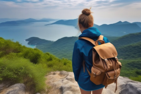 Back view of young woman with backpack standing on the top of mountain and looking at the seaの素材