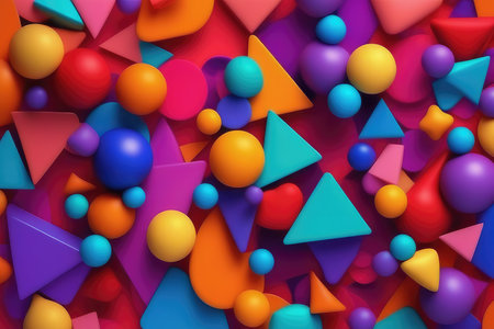 3d render of colorful abstract background with balls and triangles in different colorsの素材