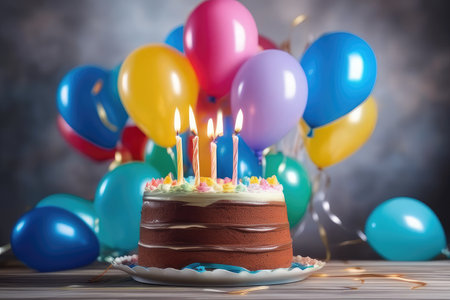 Birthday cake with burning candles and balloons on wooden table, closeupの素材