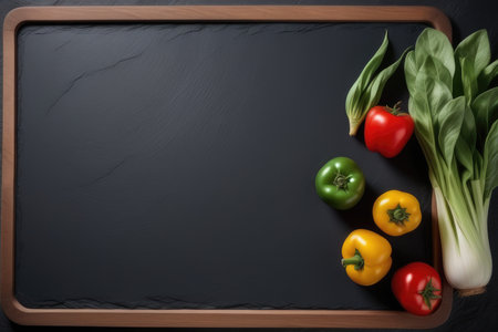 Fresh vegetables on black slate board, top view. Space for textの素材