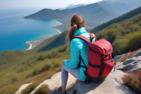 Woman hiker sitting on top of a mountain and looking at the seaの素材