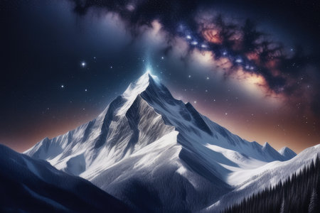 Snowy mountains at night with starry sky. 3D renderingの素材