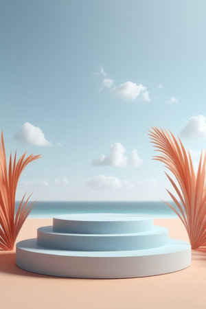 3d render of blue podium with palm leaves on the beach.の素材