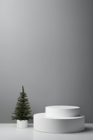 3d render of white podium with christmas tree on grey backgroundの素材