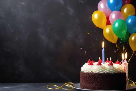 Birthday cake with candles and balloons on table against blackboard backgroundの素材