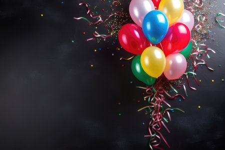 Colorful balloons and confetti on a black background with copy spaceの素材