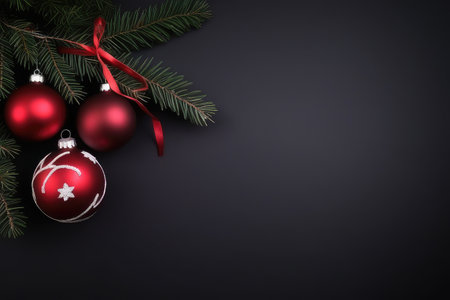 Christmas background with fir tree branches and red baubles on black backgroundの素材