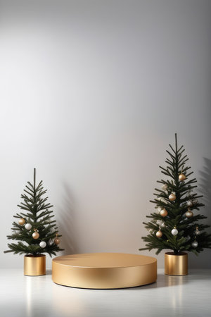 Podium and Christmas tree in white room. 3D rendering.の素材