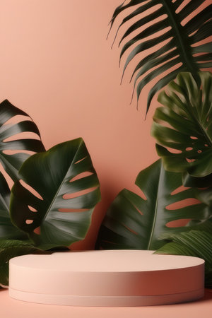 Podium for product presentation with monstera leaves on pink background. 3d renderの素材