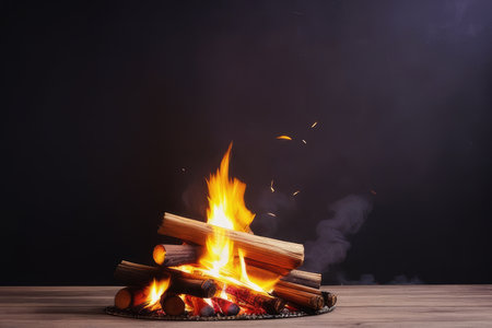 Burning firewood on wooden table on black background with copy spaceの素材