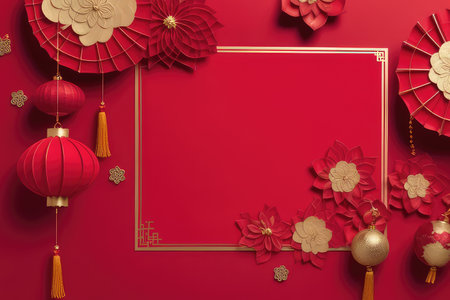 Chinese new year background with red paper lanterns and golden frame.の素材