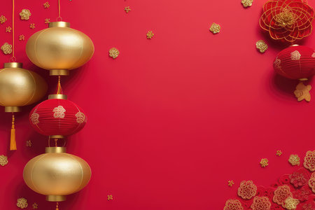 Chinese New Year background with gold and red paper lanterns on red backgroundの素材