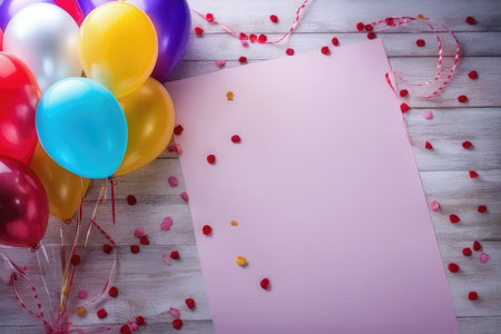 Colorful balloons and confetti on wooden background with space for textの素材