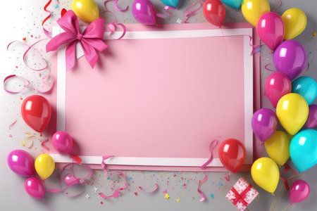 Birthday greeting card with balloons, confetti and gift box. Top viewの素材