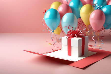 3d render of gift box with colorful balloons and confetti on pink backgroundの素材