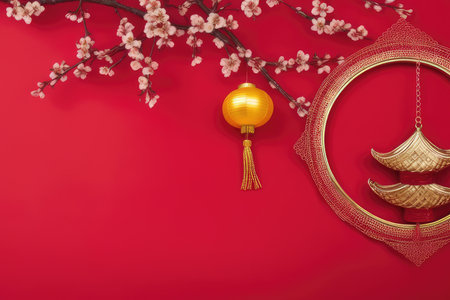 Chinese New Year background with gold paper lanterns, sakura branches and golden mustache on red backgroundの素材
