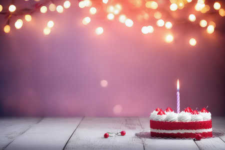 Birthday cake with candle on wooden table over blurred bokeh lights backgroundの素材