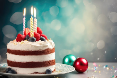 Birthday cake with berries and candles on blue bokeh backgroundの素材