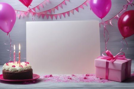 Birthday cake with candles, gift box and pink balloons on wooden backgroundの素材