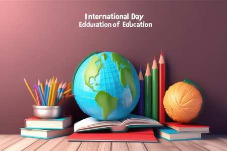 Education concept with globe, books and pencils on wooden table.の素材