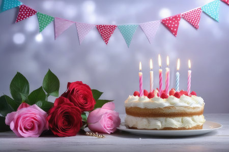 Birthday cake with candles and roses on wooden table on blurred background