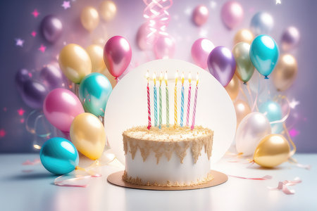 Birthday cake with candles, balloons and confetti on blue backgroundの素材