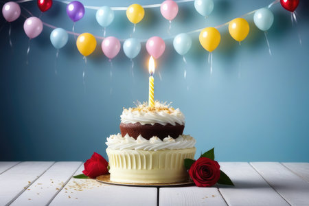 Birthday cake with burning candle and colorful balloons on blue background.の素材